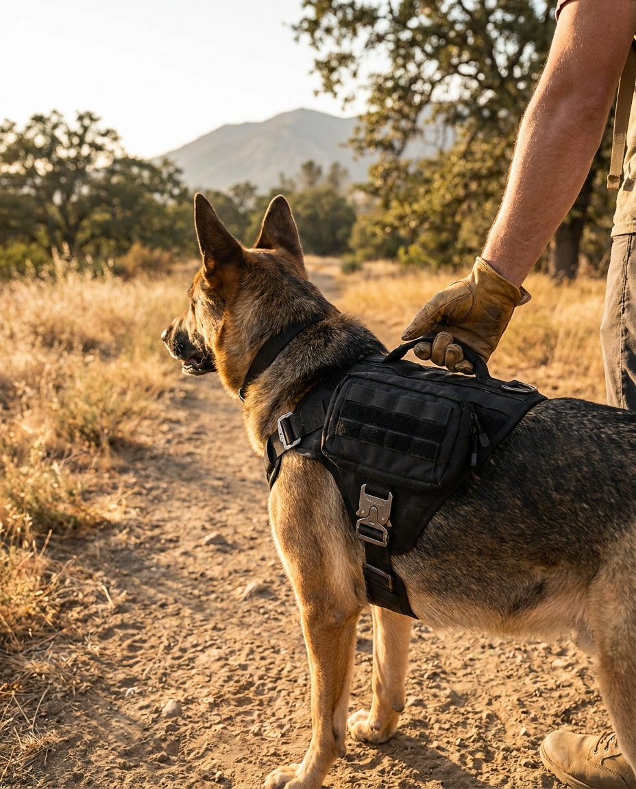 Dog wearing the ROVÉ Tactical Harness on a walking trail