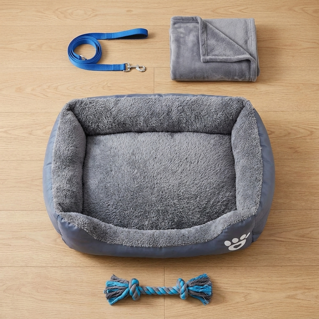 ROVE Bolster Bed organized flat lay with dog accessories