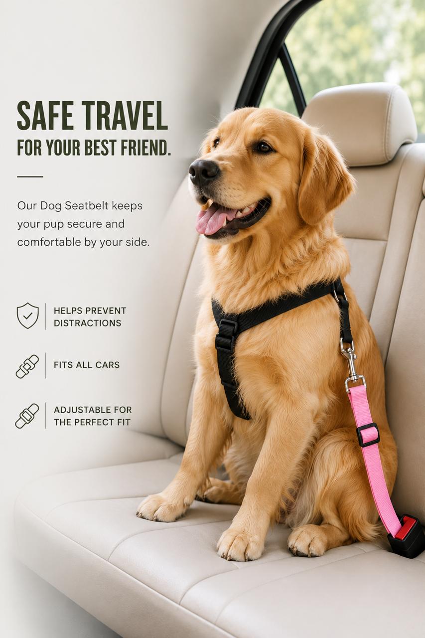 ROVÉ Safe Travel for Your Best Friend - dog buckled with seat belt