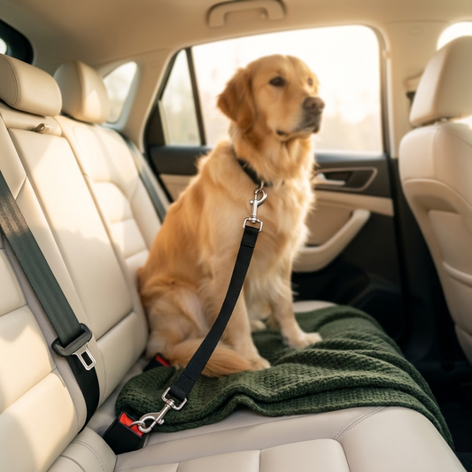 ROVÉ Travel Safety Leash clipped into a car seat belt buckle — lifestyle detail