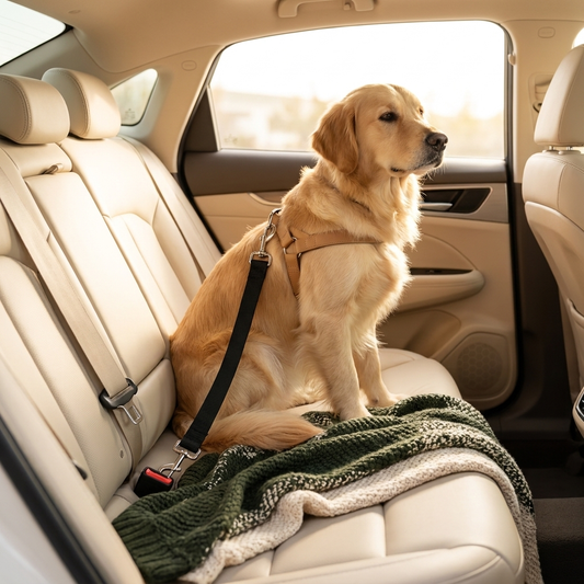 Dog safely buckled in the back seat with the ROVÉ Travel Safety Leash