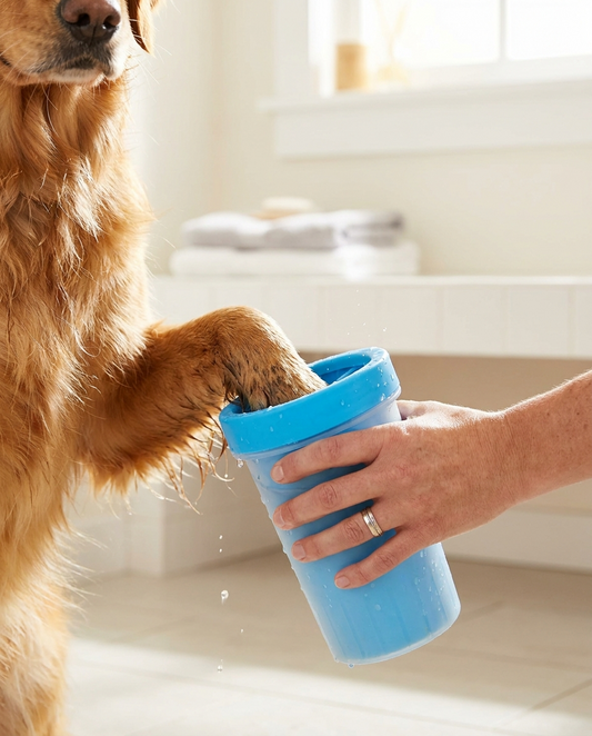 Rinsing a muddy dog paw with the ROVÉ Paw Cleaner Cup