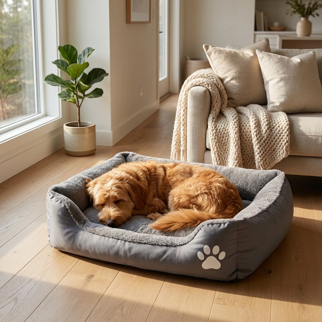 ROVE Bolster Bed lifestyle shot with dog in modern home
