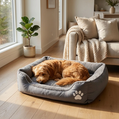 ROVE Bolster Bed lifestyle shot with dog in modern home
