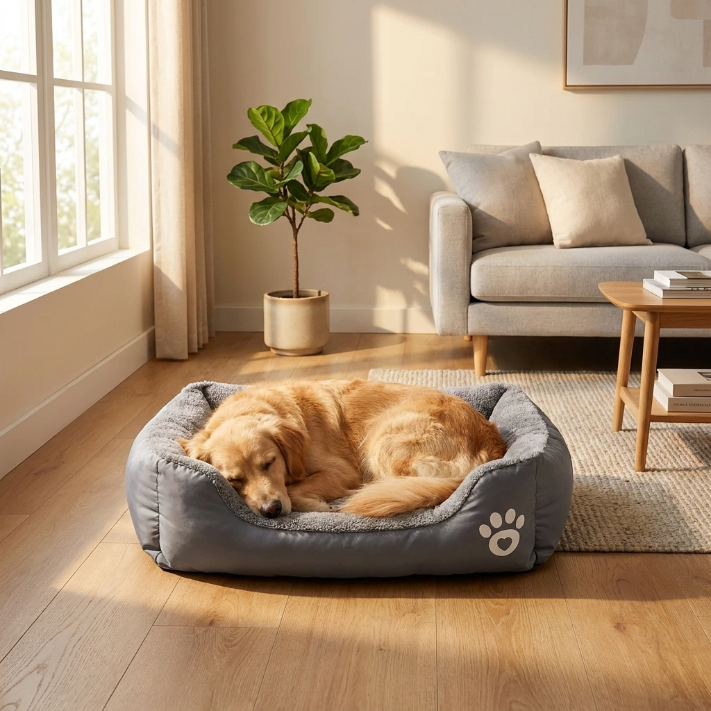 Dog resting calmly in ROVE Bolster Bed in a cozy living room